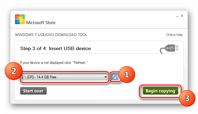 Выбор флешки и запуск копирования в окне утилиты Windows 7 USB DVD Download Tool