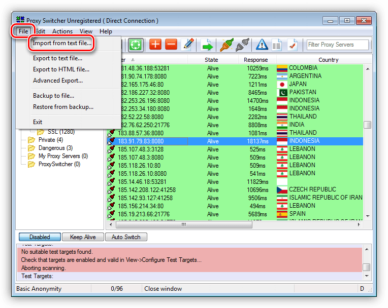 Импорт листа со списком прокси-серверов в программе Proxy Switcher