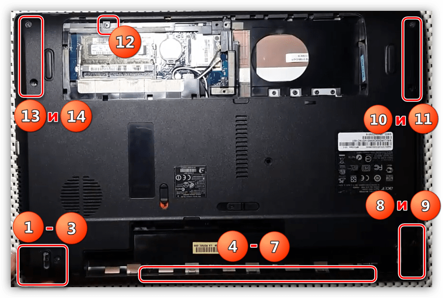 Откручивание крепежных винтов на ноутбуке Acer Aspire 5253