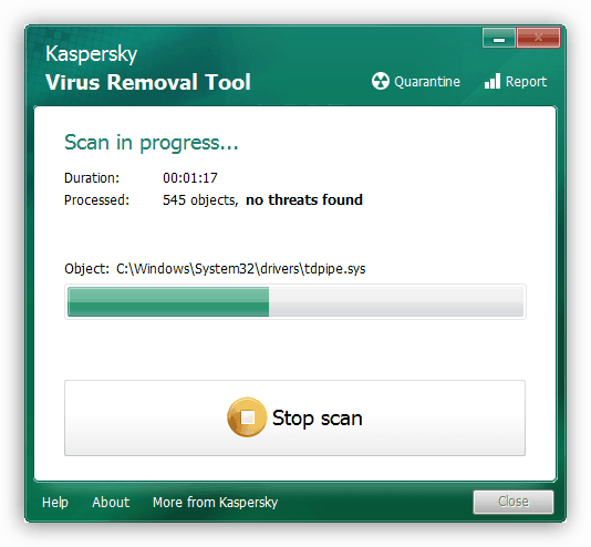 Сканирование компьютера антивирусной утилитой Kaspersky Virus Removal Tool