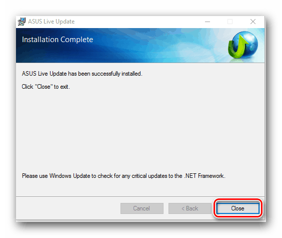 Завершение установки программы ASUS Live Update Utility для установки драйверов ноутбука ASUS X550C