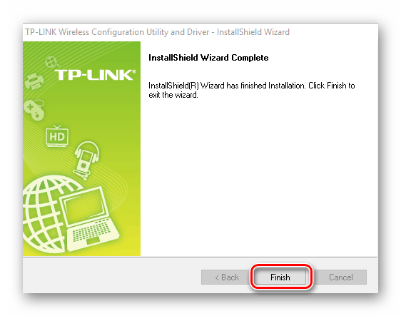 Завершение установки утилиты для поиска драйвера для беспроводного адаптера TP Link TL-WN727N