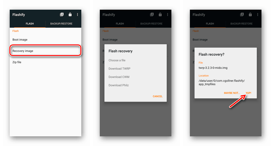 Импорт нужного образа рекавери в приложение Flashify для Android