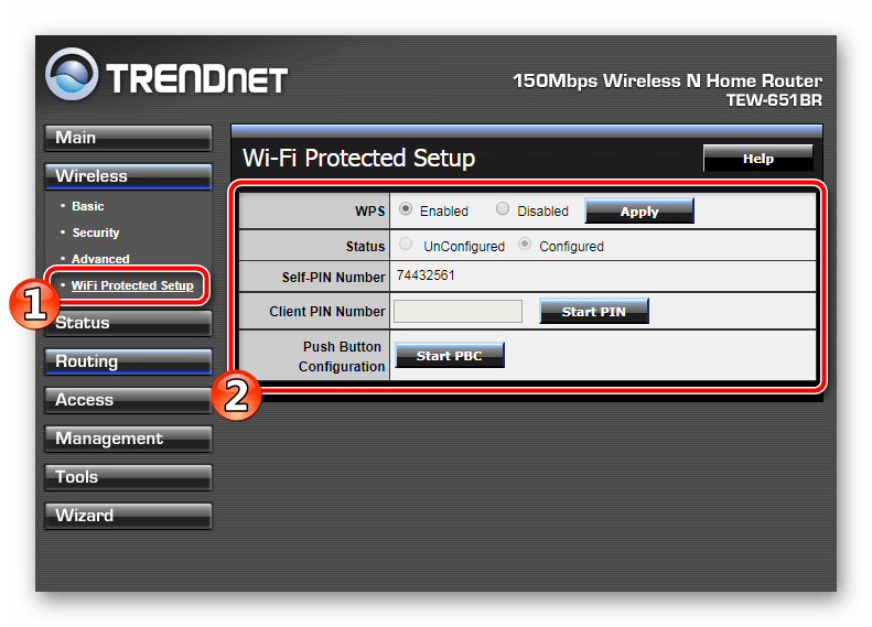Настройки WPS для роутера TRENDnet