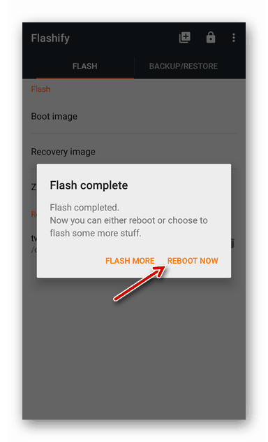 Сообщение об успешной установке модифицированного Recovery на Android-смартфон с помощью приложения Flashify