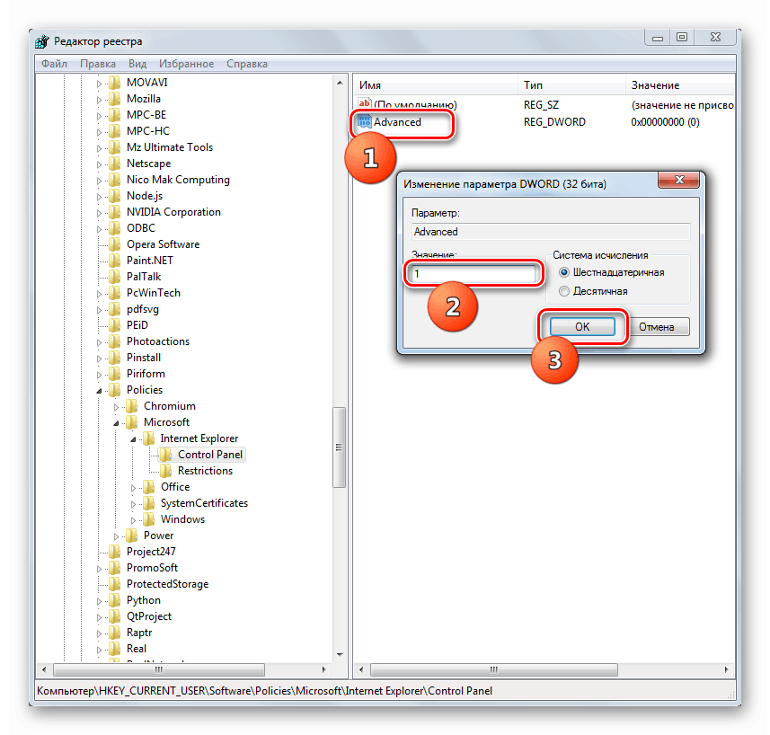 Свойства параметра Advanced в Редакторе реестра в Windows 7