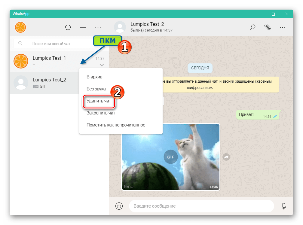 WhatsApp для Windows вызов меню действий для чата