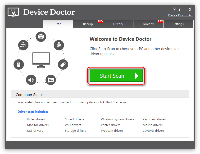 Запуск сканирования системы для поиска драйвера для принтера HP Deskjet 1510 в программе Device Doctor