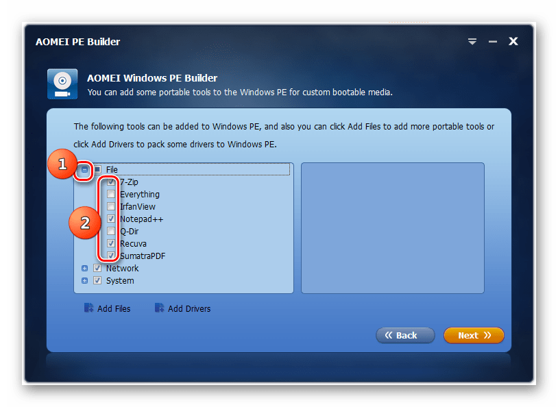 Добавление компонентов в сборку в окне программы AOMEI PE Builder в Windows 7
