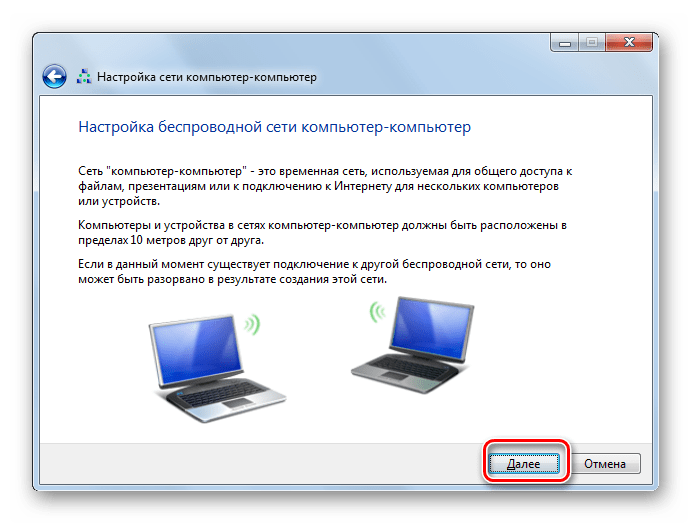 Информация в окне настройки беспроводной сети компьютер - компьютер в Windows 7