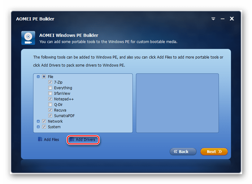 Переход к добавлению драйверов в окне программы AOMEI PE Builder в Windows 7