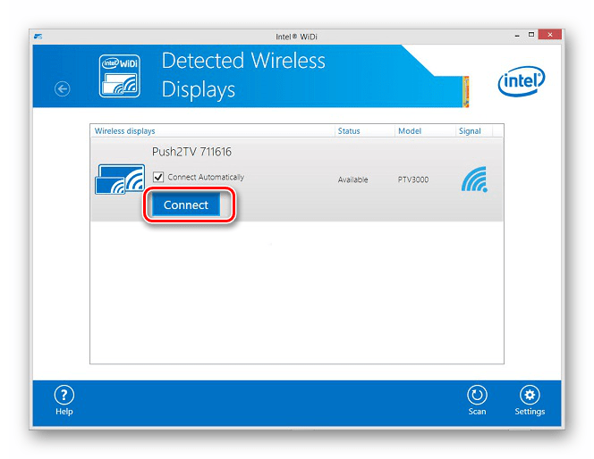 Переход к подключению к беспроводному дисплею в программе Intel Wireless Display в Windows 7