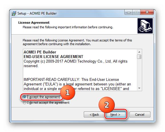 Подтверждение лицензионного соглашения в Мастере установки программы AOMEI PE Builder в Windows 7