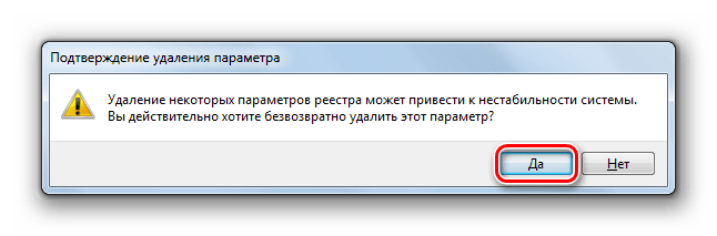 Подтверждение удаление параметра в диалоговом окне Редактора системного реестра в Windows 7