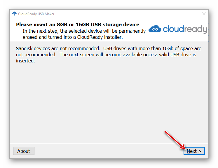 Предупреждение об использовании неподходящих накопителей в CloudReady USB Maker