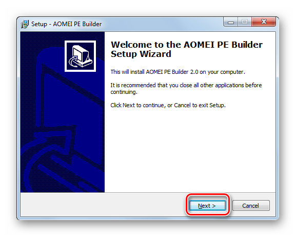 Приветственное окно Мастера установки программы AOMEI PE Builder в Windows 7
