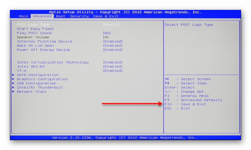 Сохранение измененной опции Internal Pointing Device в BIOS ноутбука