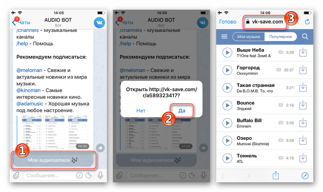 Telegram для iPhone страница сервиса, на которую перенаправляет бот- загрузчик музыки VK