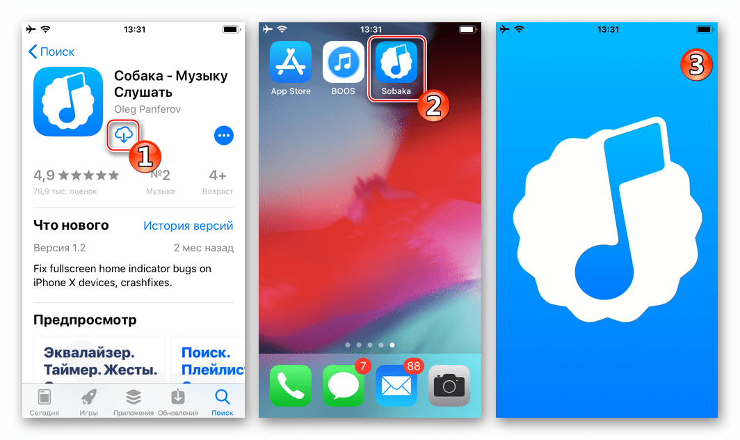 Установка приложения Sobaka из App Store в iPhone, запуск для загрузки музыки из VK