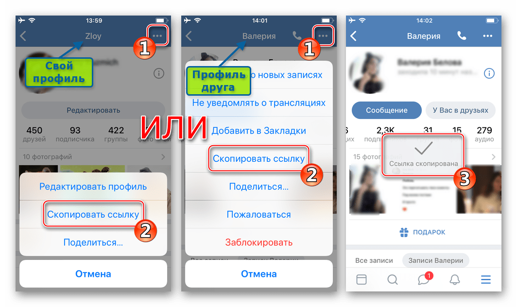 ВКонтакте для iPhone копирование ссылки на страницу в соцети - свою, друга, группы