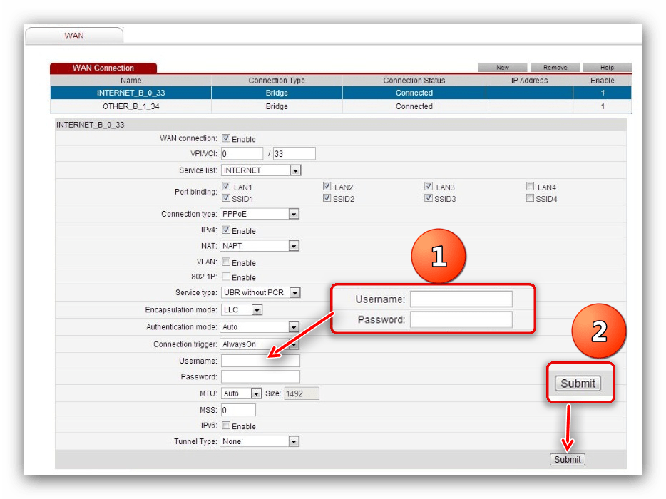 Ввод данных авторизации и сохранение параметров во время настройки модема Huawei HG532e