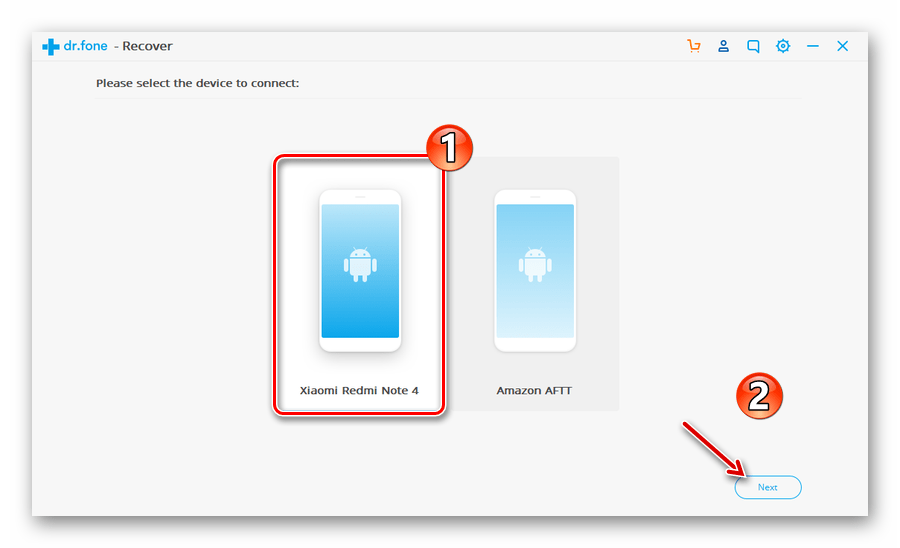 Выбор устройства для работы с программой Wondershare Dr.Fone Android Toolkit