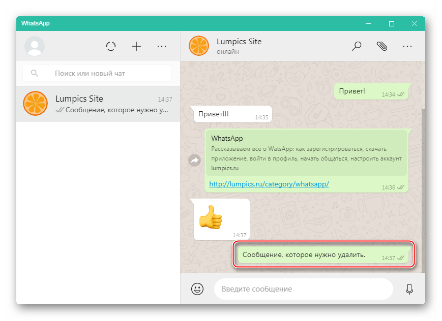WhatsApp для Windows диалог с сообщением, которое нужно удалить у собеседника
