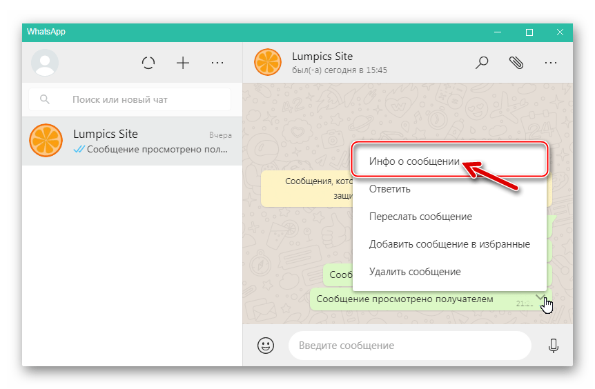 WhatsApp для Windows - подробные сведения о сообщении - пункт Инфо в меню
