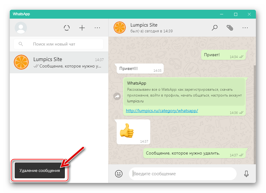 WhatsApp для Windows процесс удаления сообщения у себя и собеседника
