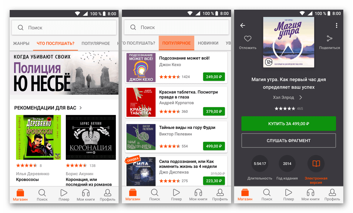 Интерфейс приложения Слушай (ЛитРес) для прослушивания аудиокниг для Android