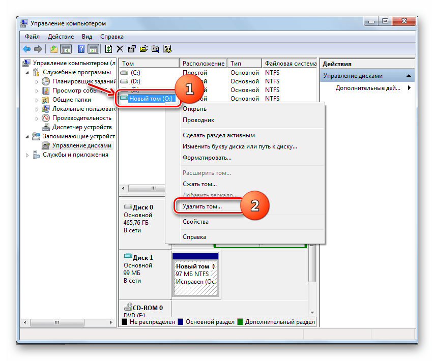 Переход к удалению виртуального диска в окне инструмента Управление дисками в Windows 7