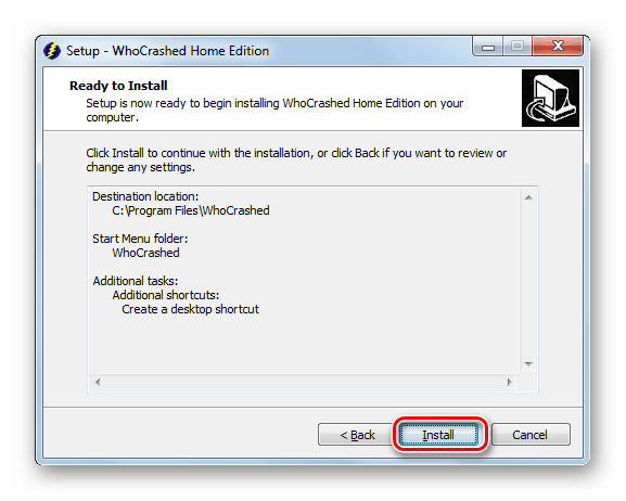 Переход к запуску установки приложения в окне Мастера установки программы WhoCrashed на Windows 7