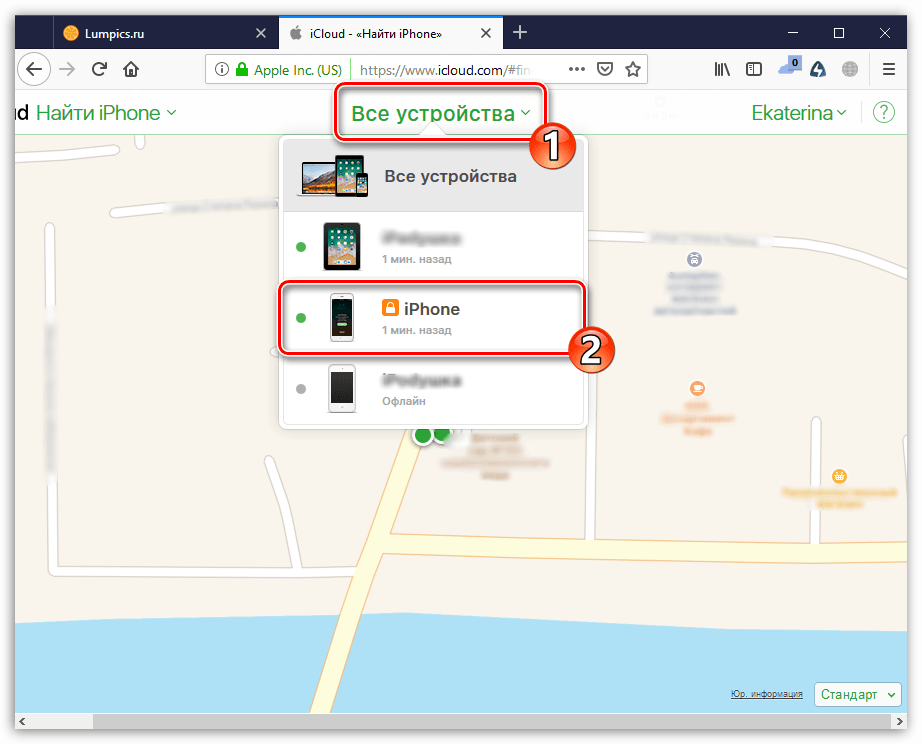 Поиск на карте iPhone на сайте iCloud