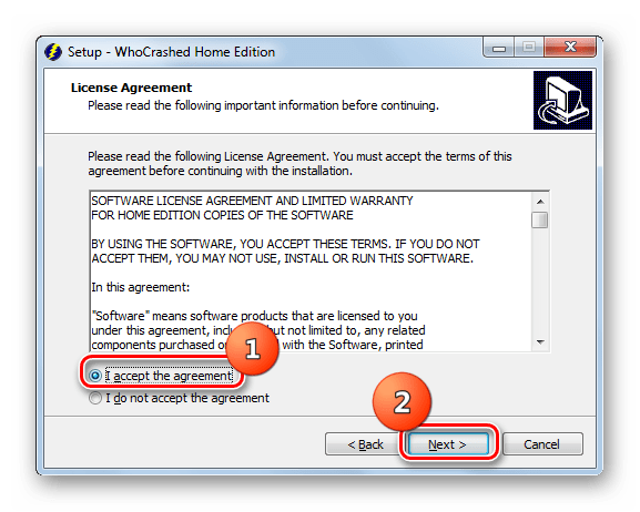 Принятие лицензионного соглашения в окне Мастера установки программы WhoCrashed на Windows 7