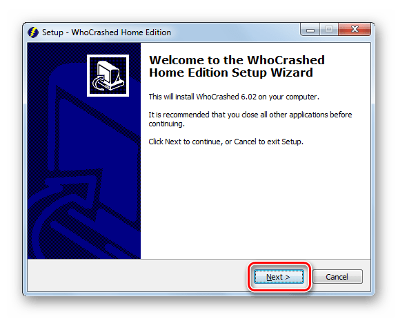 Приветственное окно Мастера установки программы WhoCrashed на Windows 7