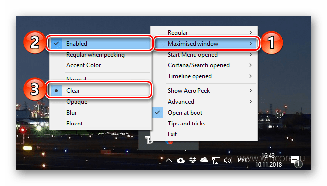 Прозрачность панели задач для развернутых окон в приложении TranslucentTB в ОС Windows 10