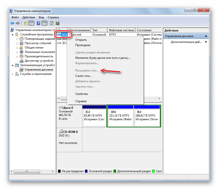 Пункт Расширить том не активен в окне оснастки Управление дисками в Windows 7