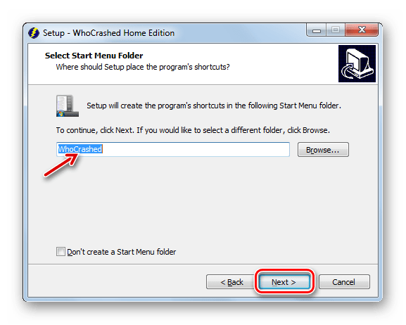 Указание отображения наименования приложения в меню Пуск в окне Мастера установки программы WhoCrashed на Windows 7