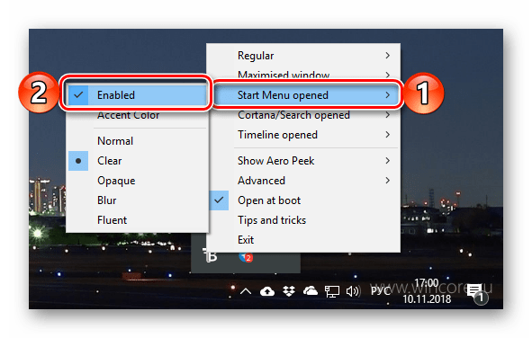 ВКлючение прозрачности для открытого меню Пуск в приложении TranslucentTB в ОС Windows 10