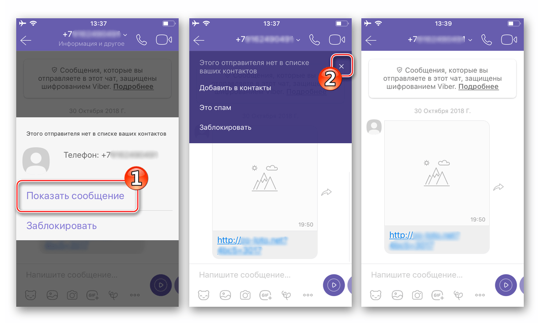 Viber для iPhone просмотр сообщений, полученных с незнакомой учетной записи перед блокировкой