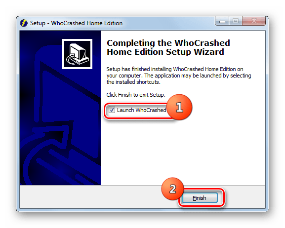 Завершение работы в окне Мастера установки программы WhoCrashed на Windows 7