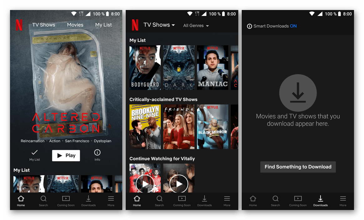 Интерфейс приложения для просмотра сериалов Netflix для Android