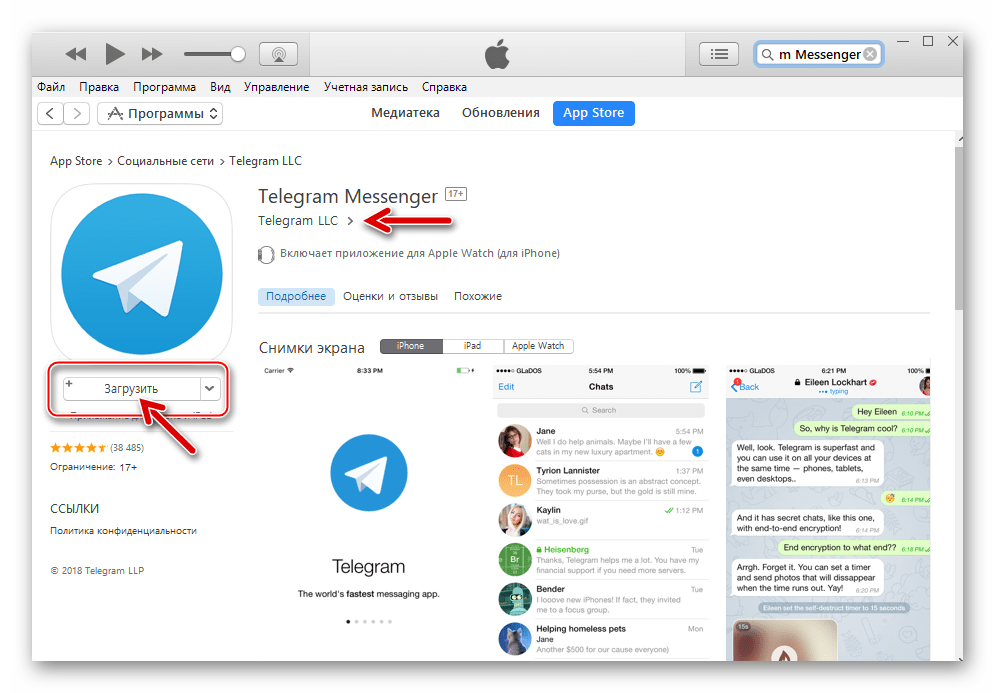 Telegram для iPhone iTunes начало загрузки мессенджера на диск ПК