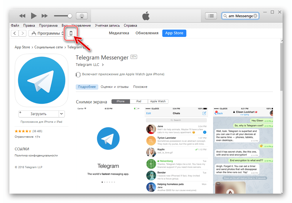 Telegram для iPhone iTunes переход в раздел управления девайсом