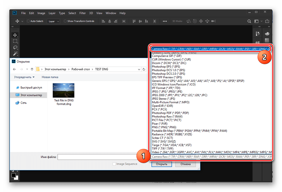 Выбор типа файлов Camera Raw в Adobe Photoshop