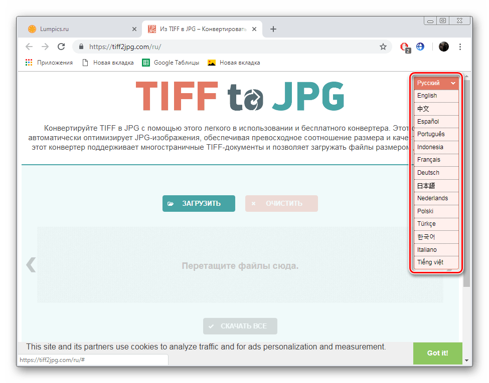 Выбрать язык интерфейса сайта TIFFtoJPG