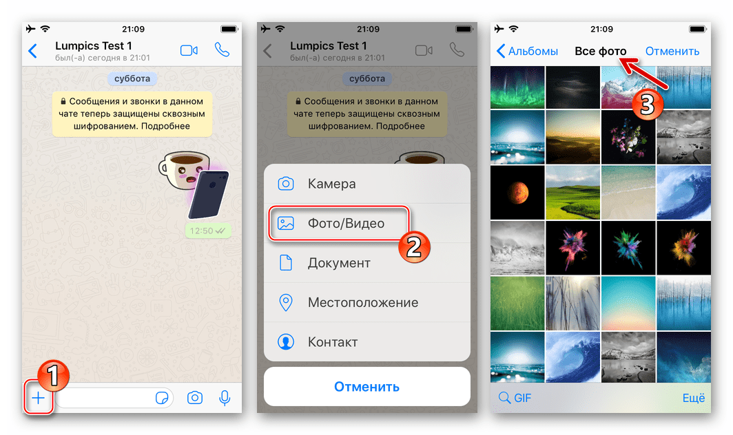 WhatsApp для iPhone кнопка добавления файла-вложения, переход в Фото Видео для выбора изображения с целью отправки через мессенджер