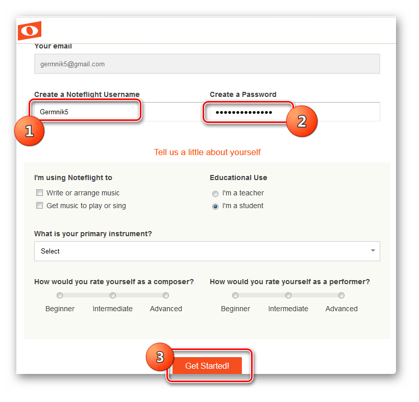 Заполнение формы для регистрации на сайте онлайн-сервиса NoteFlight