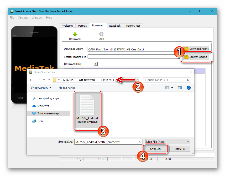 Fly IQ445 SP Flash Tool загрузка скаттер-файла официальной прошивки в программу