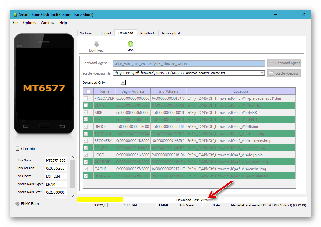 Fly IQ445 процесс перезаписи памяти смартфона через SP Flash Tool